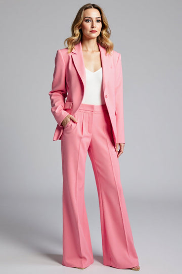 Tailleur pantalon 2 pièces à manches longues rose à revers crantés